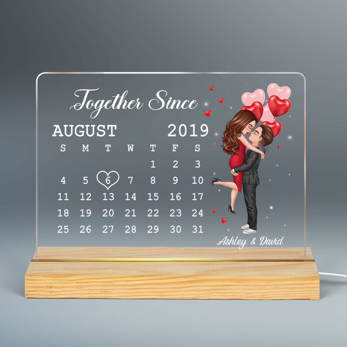 Doll Couple Hugging Kissing Calendar Anniversary Date Gift For Him For Her Personalized Custom Shape Acrylic Plaque LED Night Light