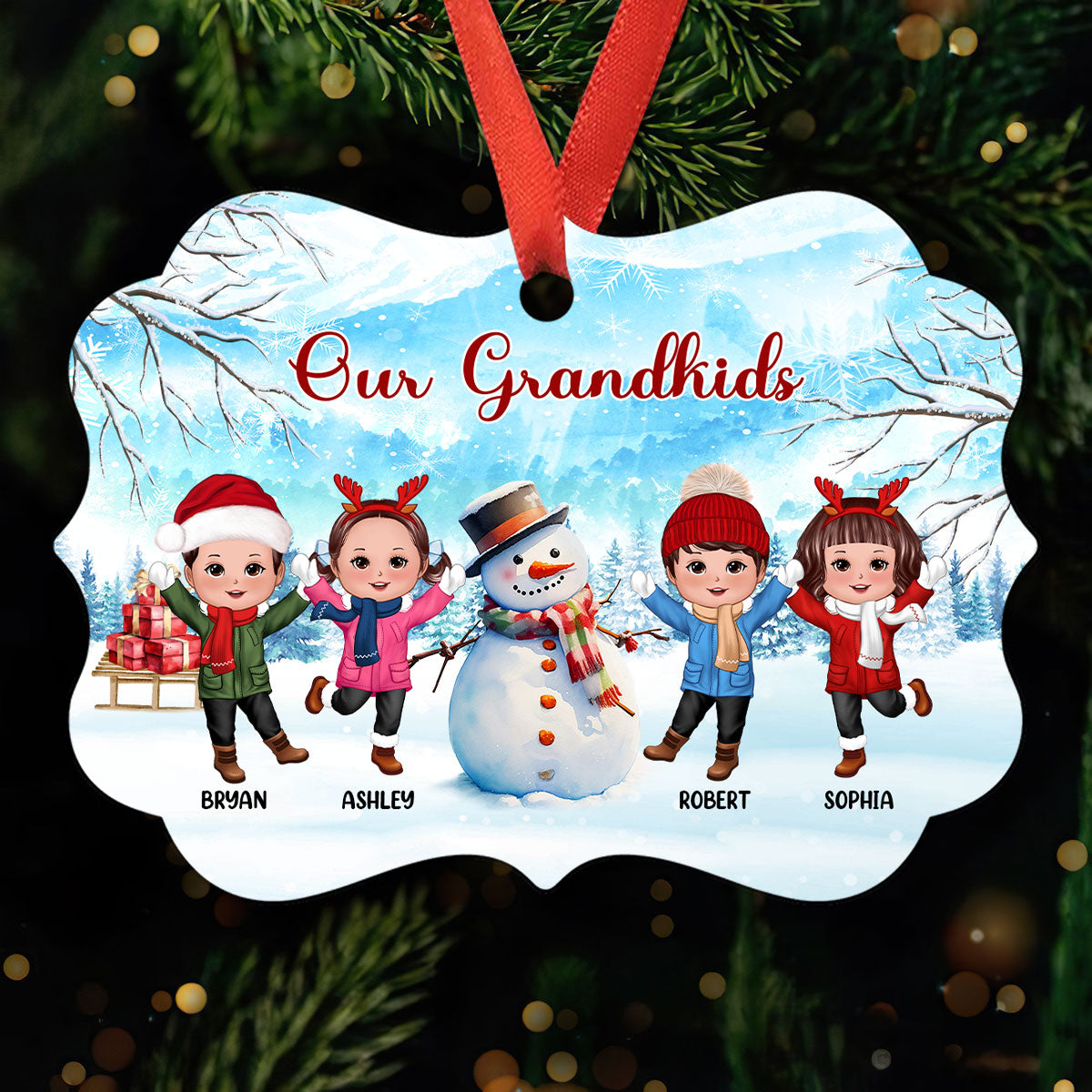 Happy Doll Kids Playing In Snow With Snowman Personalized Christmas Ornament