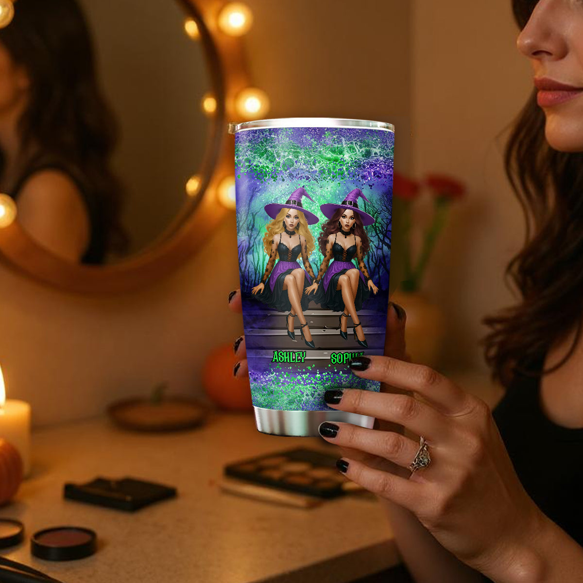 Personalized Witch Besties Tumbler – Sage & Hood, Not Sugar & Spice – Funny Halloween Gift for Best Friends