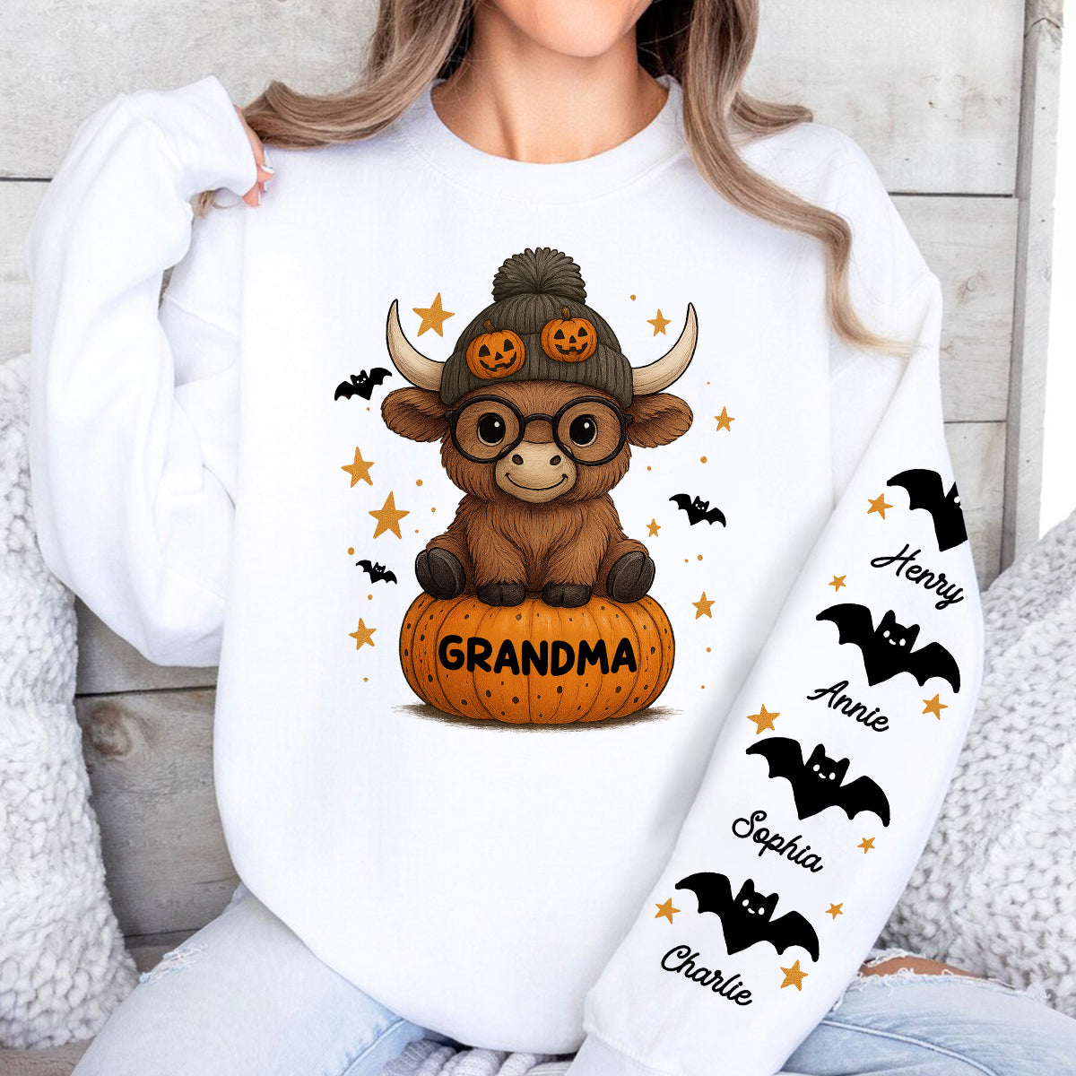 Halloween Highland Cow Grandma Personalized Sleeve Printed Sweatshirt