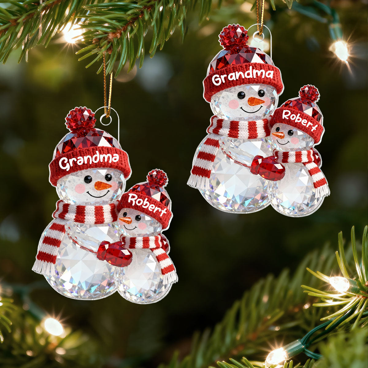 3D Effect Flat Snowman Grandma Hugging Grandkid Christmas - Personalized Acrylic Ornament - Gift For Grandkids