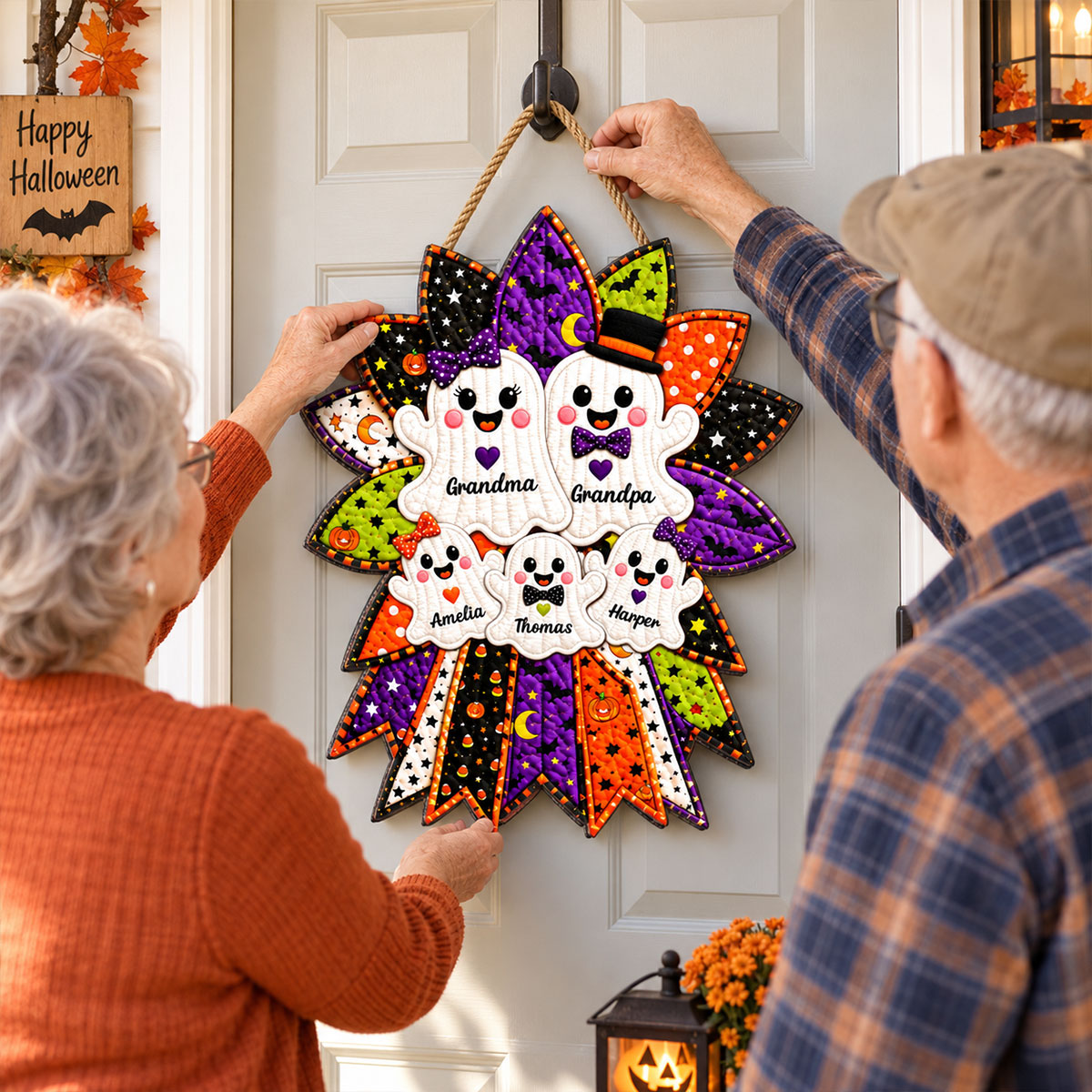 Quilted Effect Wreath Ghost Family 2D Flat - Personalized Wooden Sign - Halloween Decor for Grandma & Grandpa
