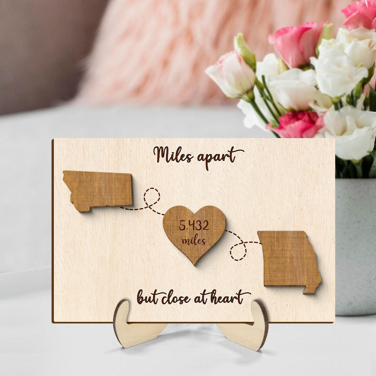 Miles Apart But Close At Heart, Long Distance Family Friends Siblings Sisters Besties Personalized 2-Layer Wooden Plaque, Togetherness Gift