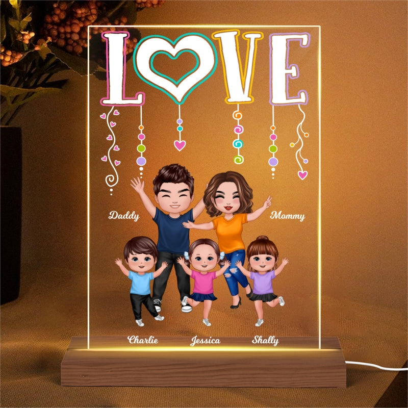 LOVE Happy Doll Whole Family Couple Kids Dogs Cats Personalized Rectangle Acrylic Plaque LED Night Light