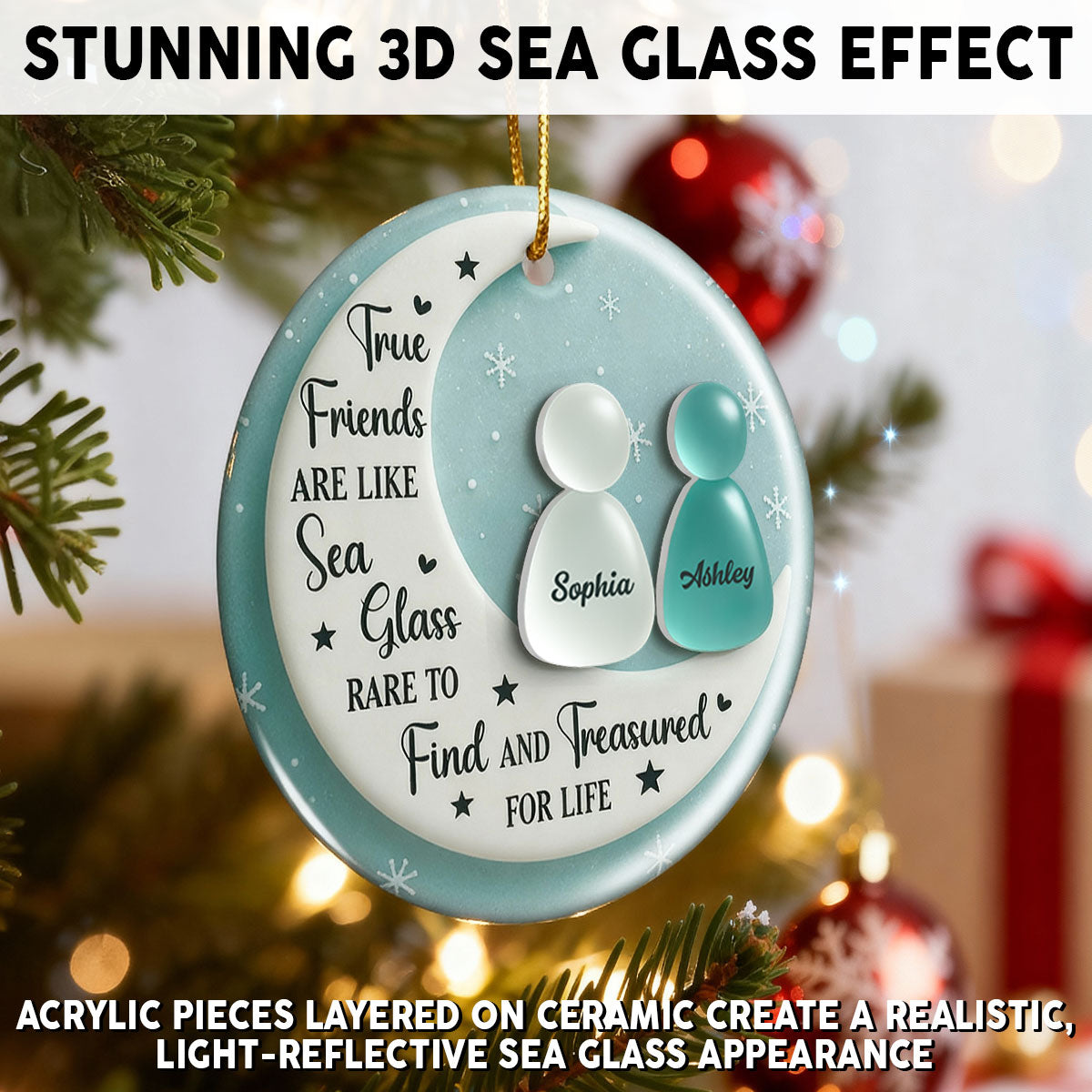 3D Sea Glass Effect Besties On Moon - Personalized Ceramic Ornament With Acrylic Pieces - Unique Gift For Best Friends