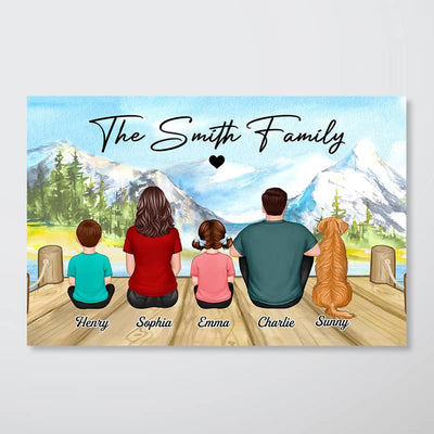 Family Name Couple Kid Dog Cat Back View Simple Personalized Horizontal Poster