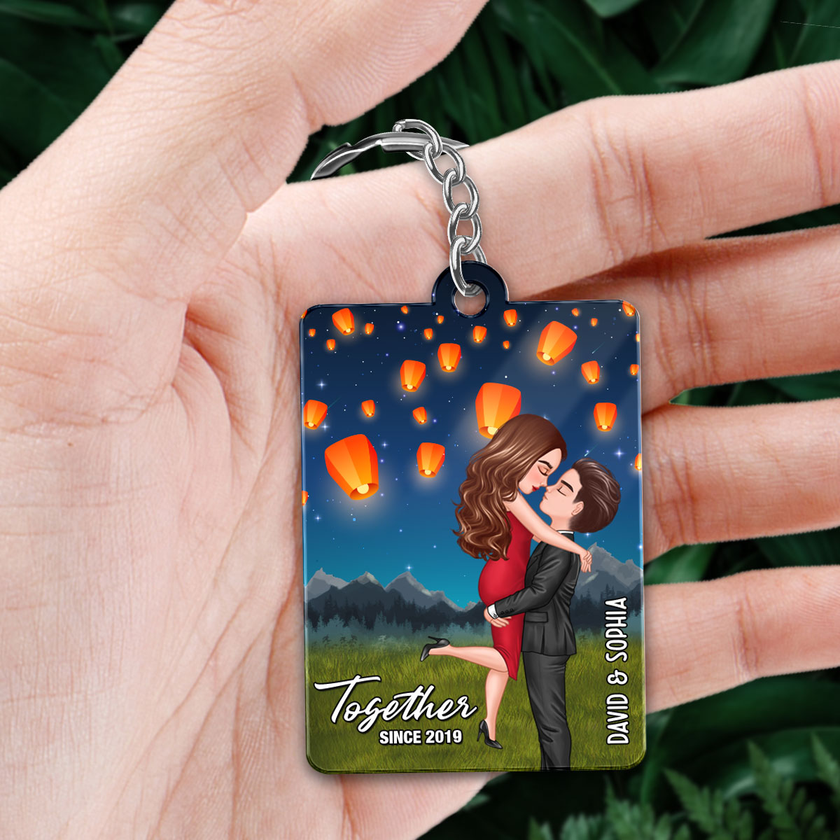 Couple Kissing Under Sky Lantern Night Favorite Song QR Song Personalized Acrylic Keychain