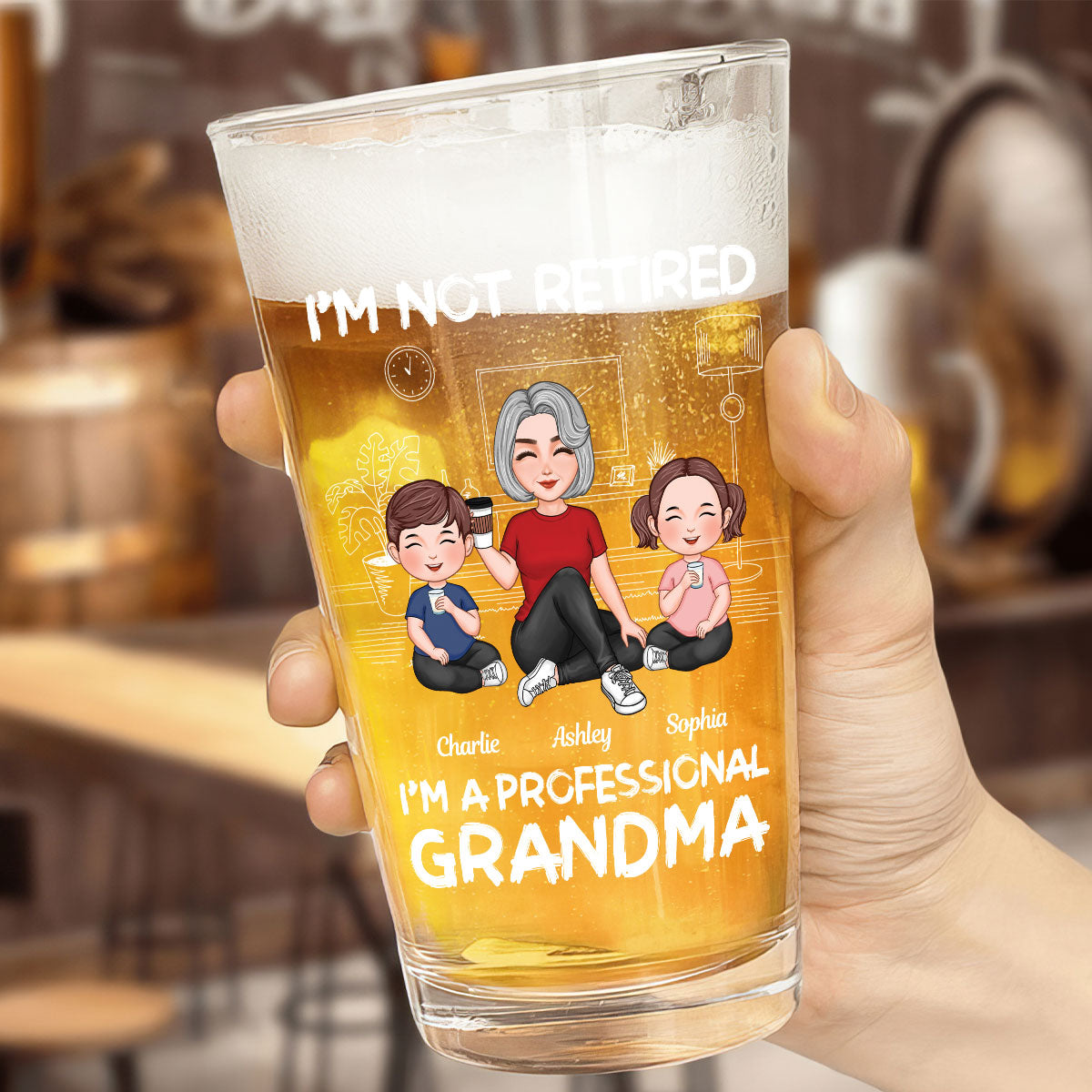 I'm Not Retired I'm A Professional Grandma Grandkids Sitting Together Beer Glass, Retirement Gift