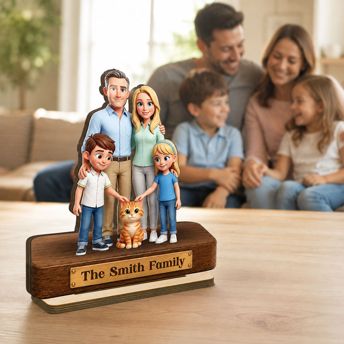 Cartoon Family Portrait From Photo 2D Flat - Personalized Wooden Plaque