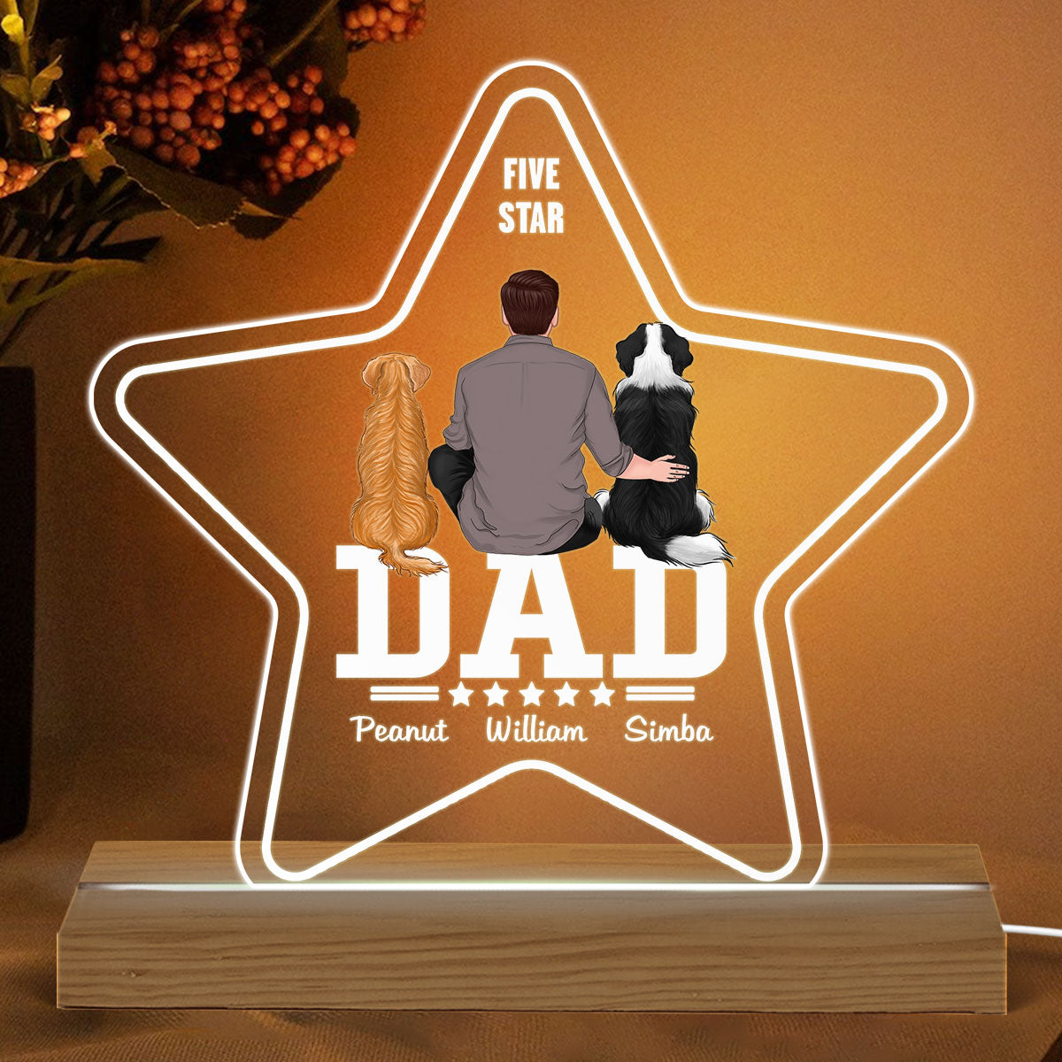 Five - Star Dog Dad Back View Personalized Custom Shape Acrylic LED Night Light