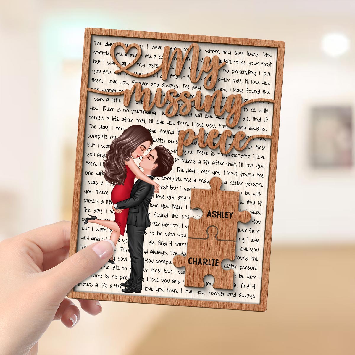 My Missing Piece Couple Letters Background Personalized 2-Layer Wooden Plaque