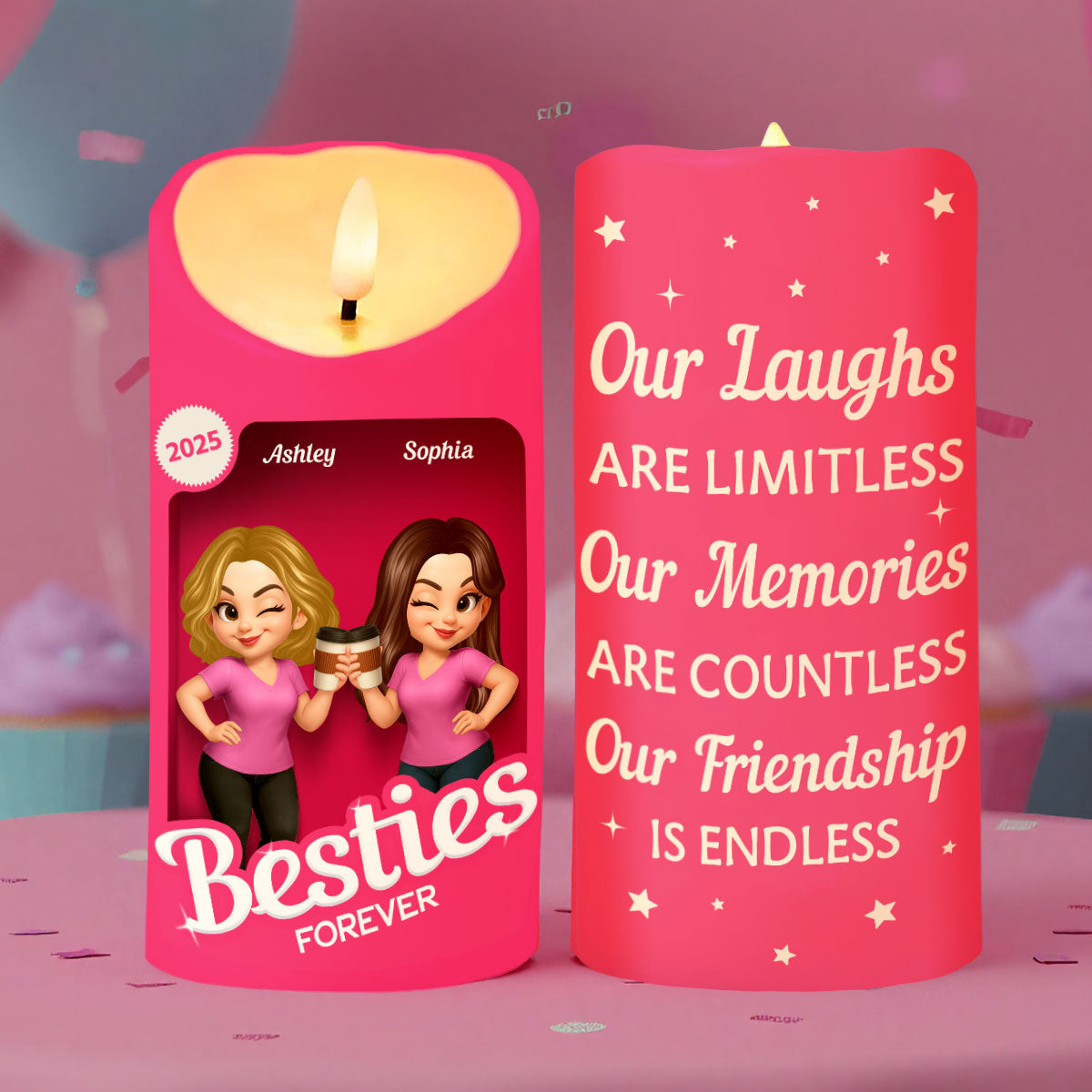 Pink Besties Our Friendship Is Endless Christmas Personalized LED Candle