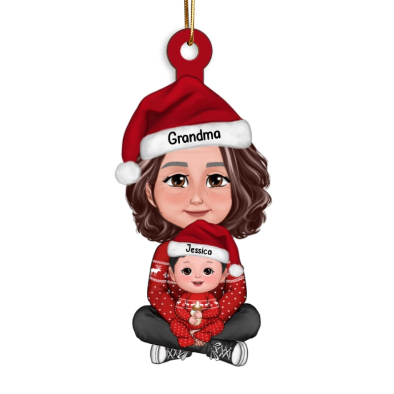 Cute Grandma Granddaughter Grandson Crossed Legs Personalized Wooden Ornament