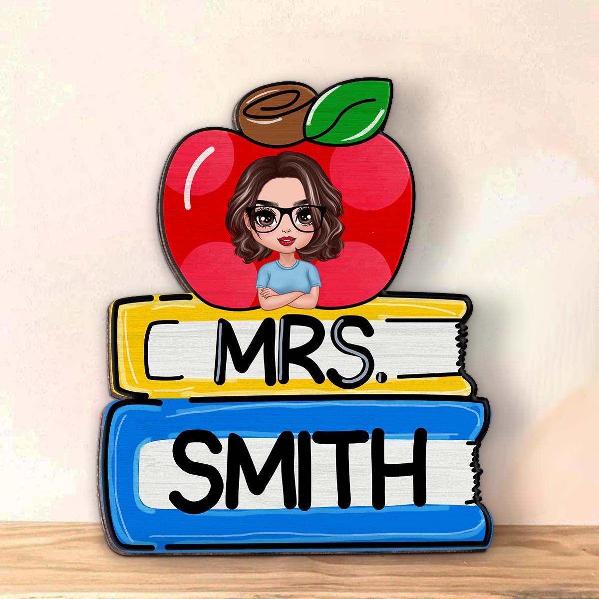 Teacher Apple And Books Personalized Wood Sign, Teacher Appreciation Gift, Classroom Decor, Welcome Back To School