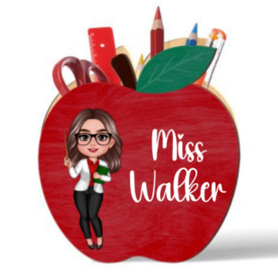 Happy Doll Teacher Personalized Apple Shaped Pen Pencil Holder, Office Decor for Teacher