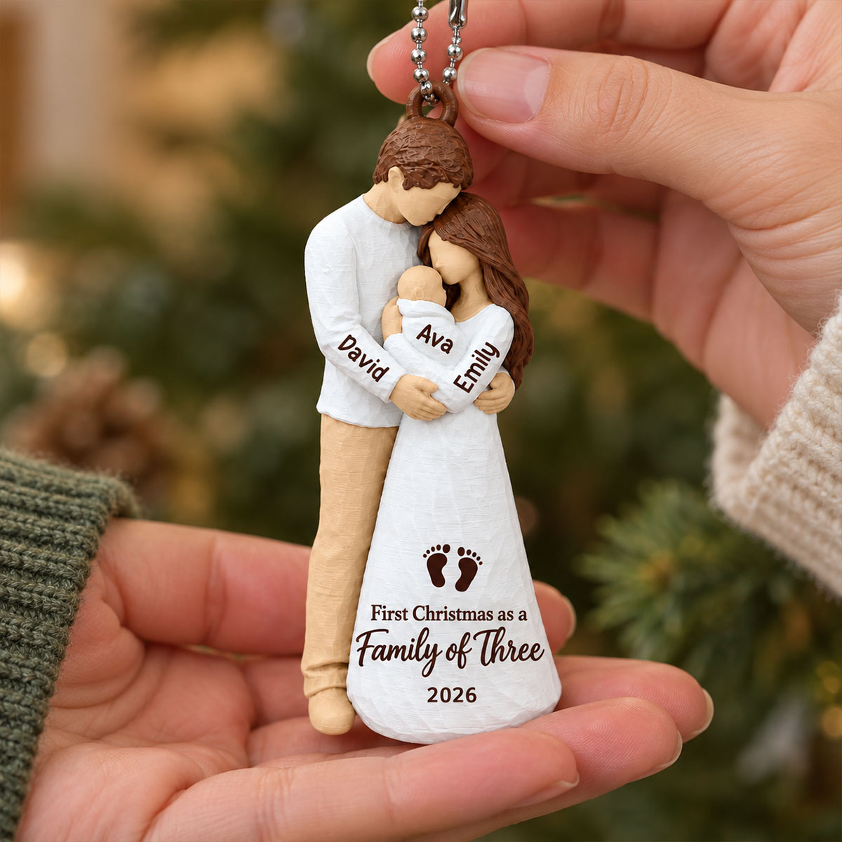 3D Figure First Christmas As Family Of Three - Personalized 3D Printed Ornament - First Christmas Keepsake For New Parents