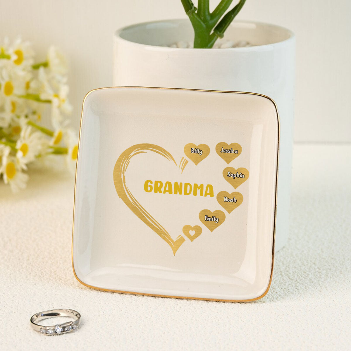 Grandma Mom Hearts Marble Patterned Personalized Jewelry Dish, Birthday Gift for Grandma, Christmas Gift