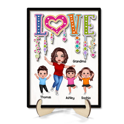 LOVE Happy Doll Grandma Mom With Kids Personalized 2-Layer Wooden Plaque