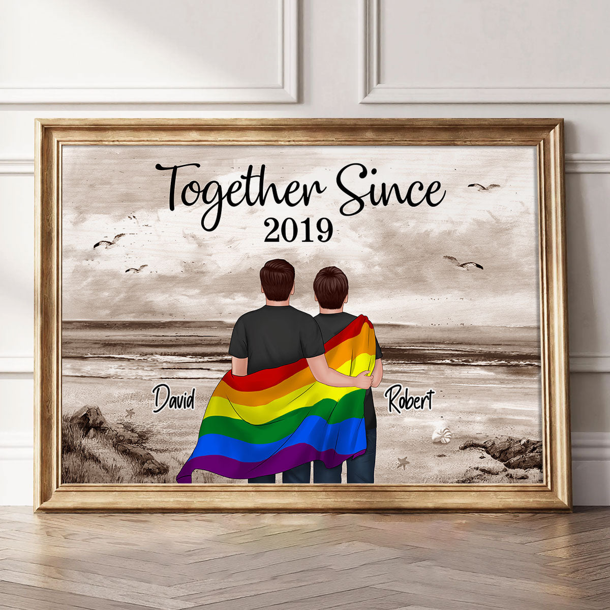 LGBTQ Couple Flag Beach Landscape Personalized Poster, Pride Month gift