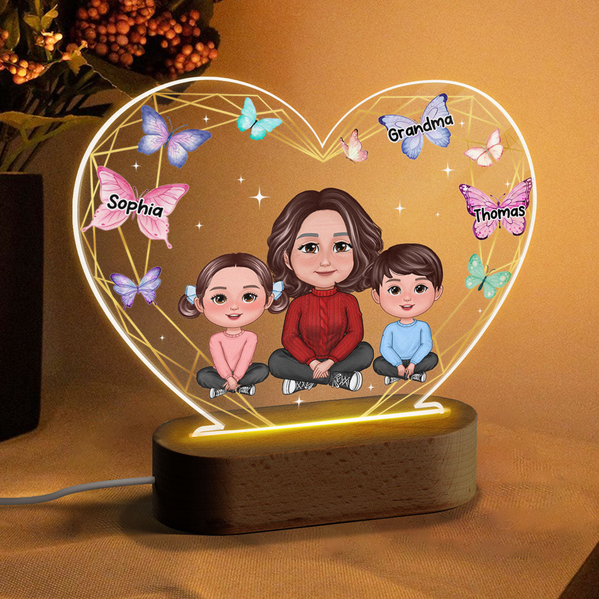 Grandma Grandkids Crossed Legs Butterfly Hearts Personalized Heart Acrylic LED Night Light