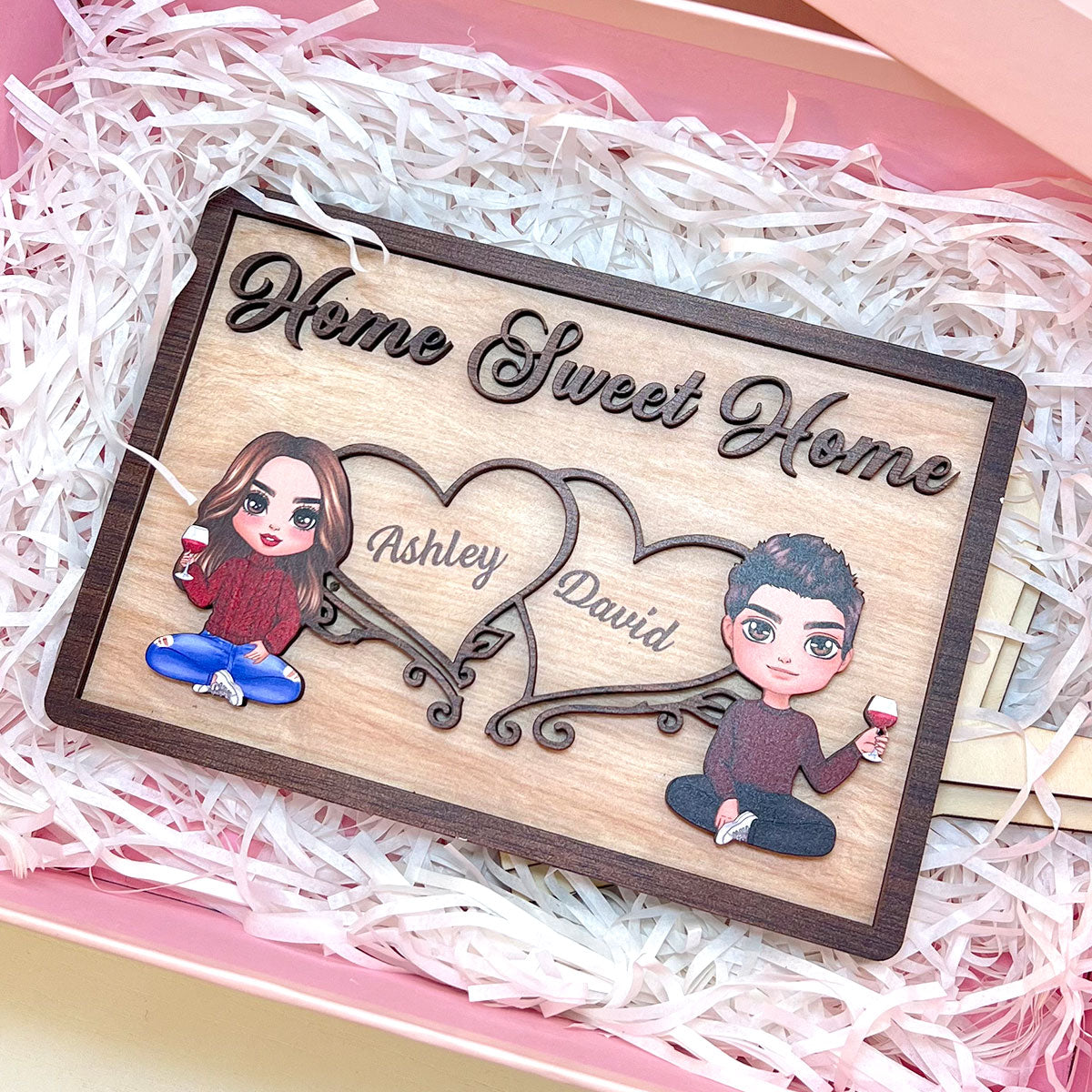 Doll Couple Sitting Home Sweet Home Valentine‘s Day Gift Personalized 2-Layer Wooden Plaque