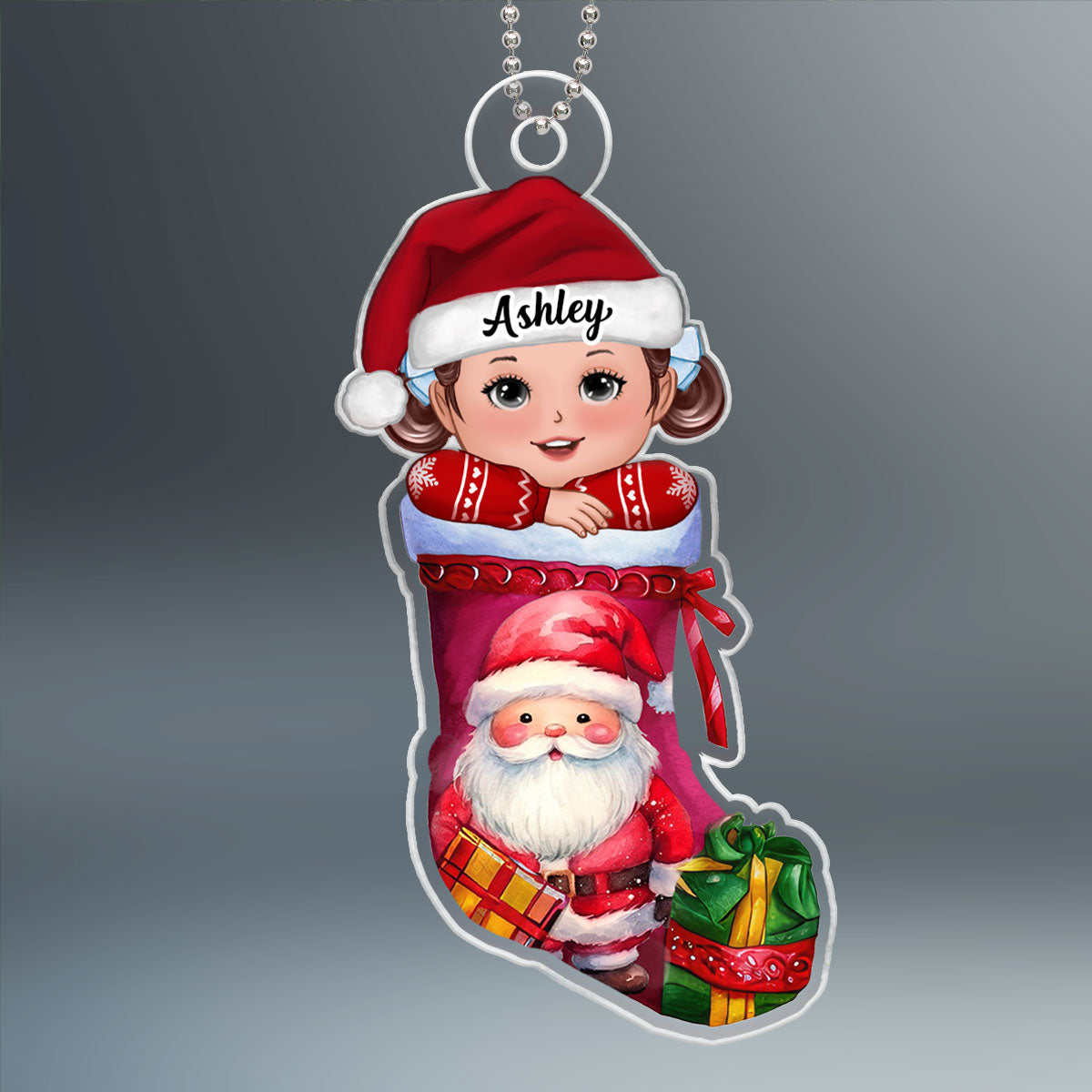 Cute Kid In Christmas Stocking Personalized Acrylic Ornament, Gift For Son, Daughter, Grandson, Granddaughter, Grandchildren