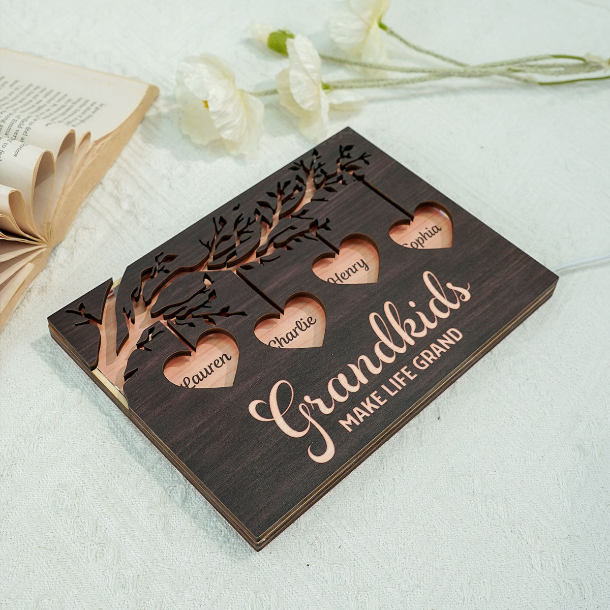 Grandkids Make Life Grandma Engraved Tree With Hearts Personalized 2-Layer Wooden Plaque With LED