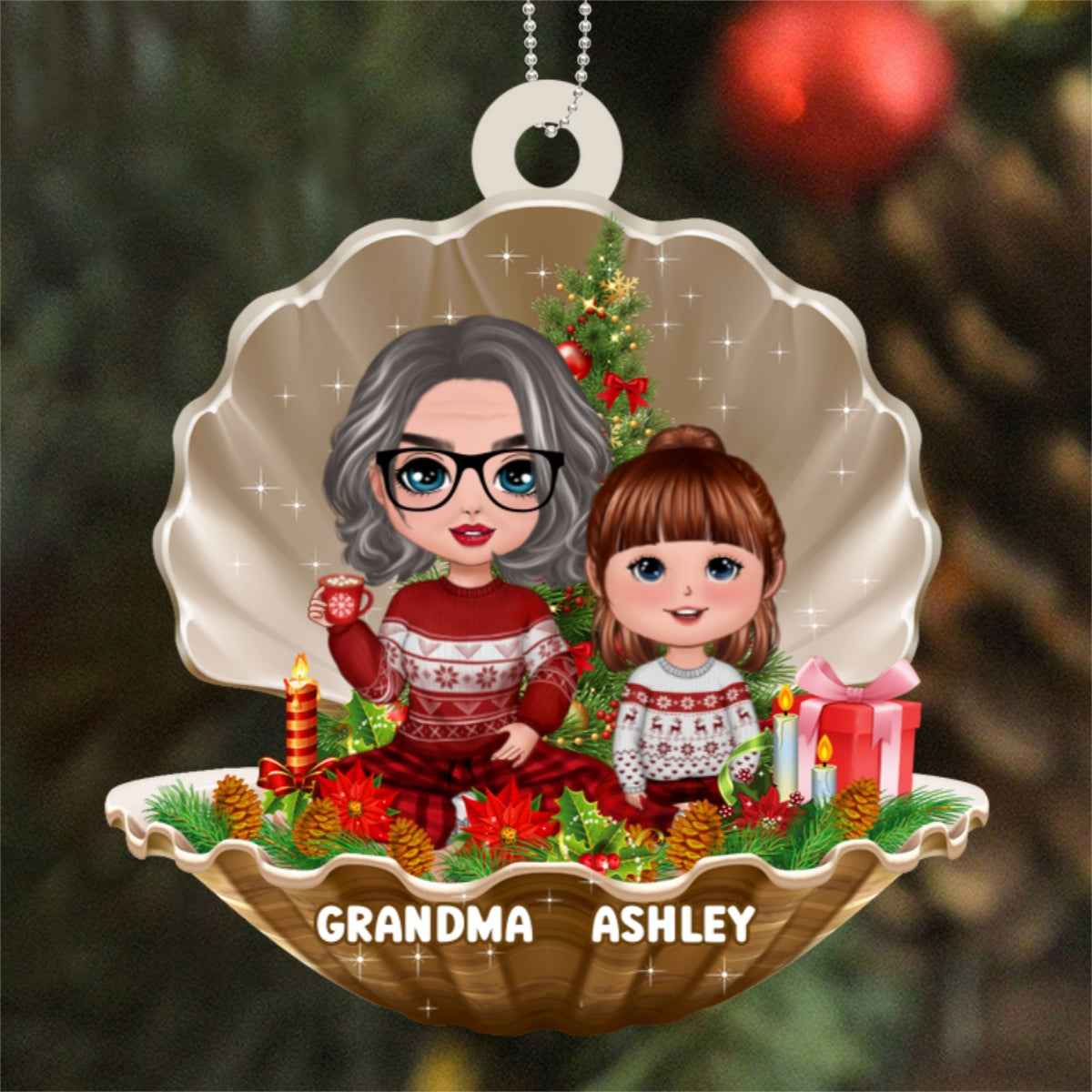 Grandma Grandkids In Pearl Shell Personalized Christmas Wooden Ornament