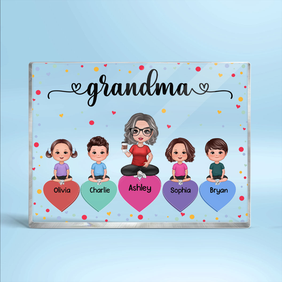 Doll Grandma Grandkids Sitting On Hearts Personalized Rectangle Acrylic Block Plaque