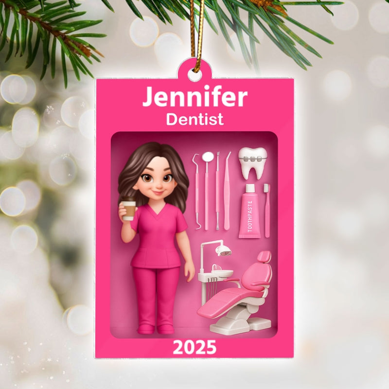 Pink Dentist Action Figure - Personalized Acrylic Ornament - Unique Christmas Gift For Dentist