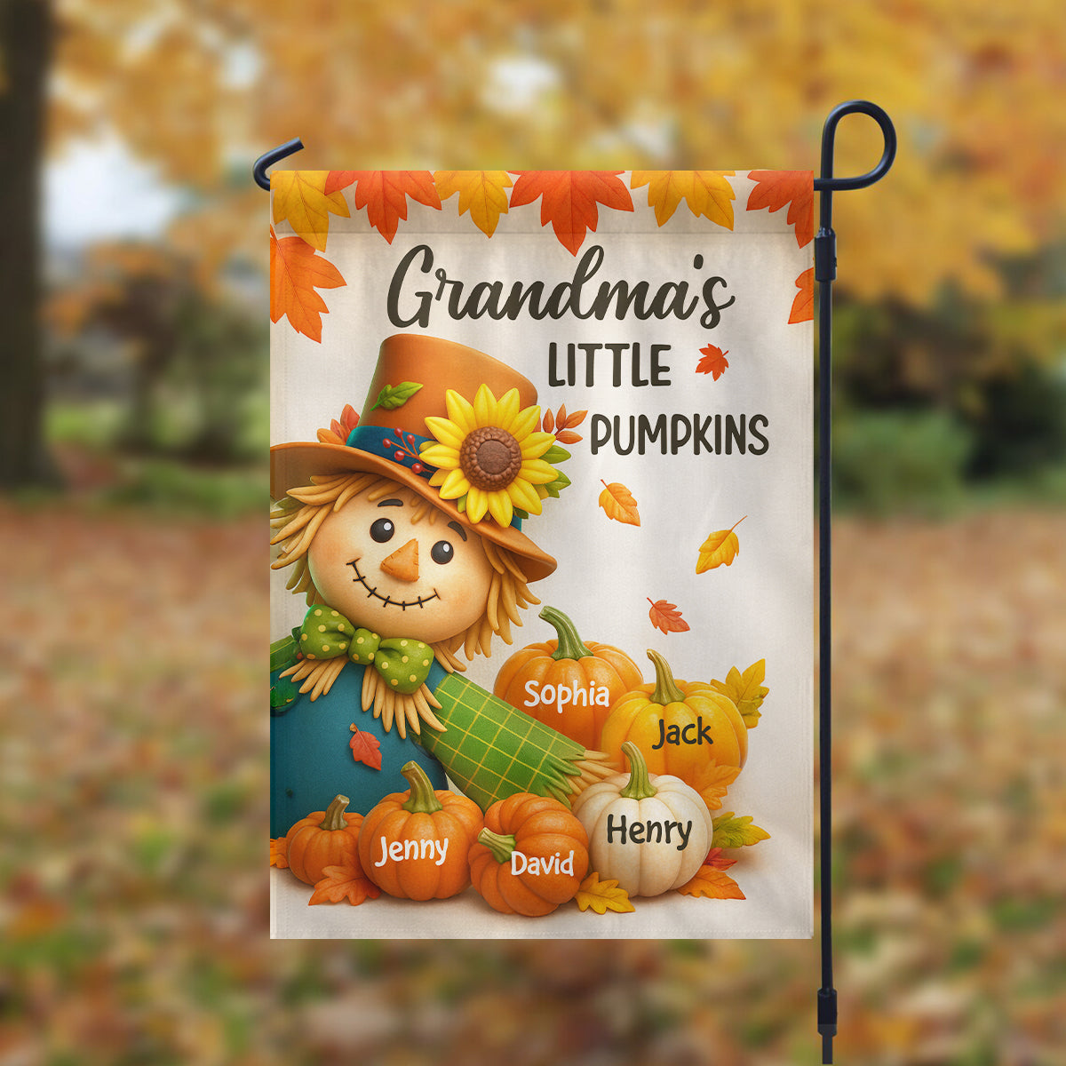 Grandma's Pumpkin Patch Scarecrow Personalized Garden Flag, Cozy Fall Decor for Grandma