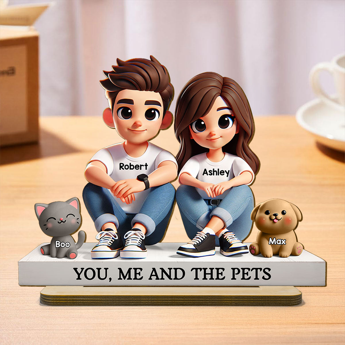 3D Effect Cute Couple And Dogs Cats Personalized Standing Wooden Plaque, Anniversary Gift,  gift, Couple Keepsake