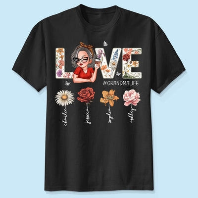 Love Grandma Life Vintage Birth Flowers With Kids Names Personalized Shirt