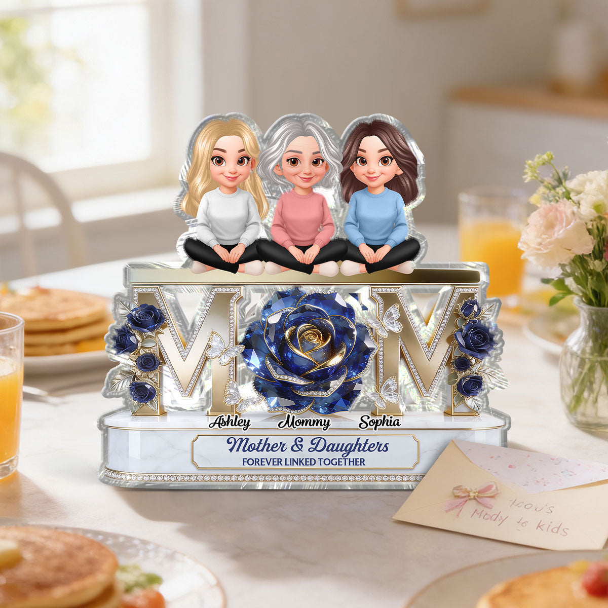 Beautiful Blue Roses MOM And Daughters Sons - Personalized Acrylic Block Plaque - Gift For Mom