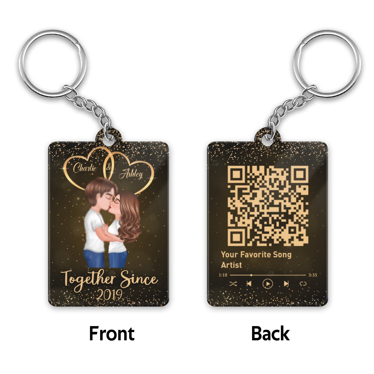 Galaxy Doll Couple Kissing Favorite Song Scannable QR Code Personalized Acrylic Keychain