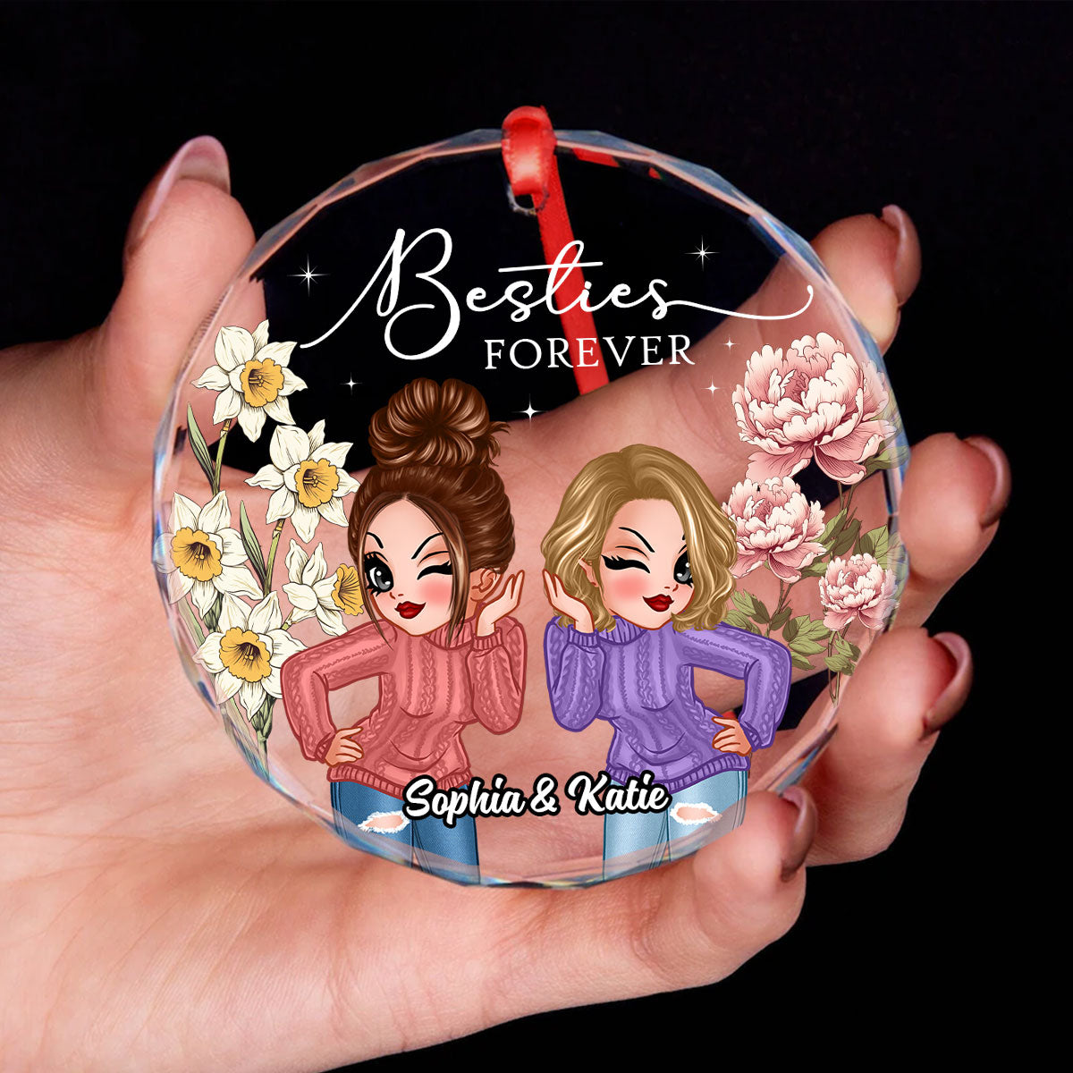 Besties Sisters Birth Month Flowers Personalized Glass Ornament, Christmas Gift For Best Friends