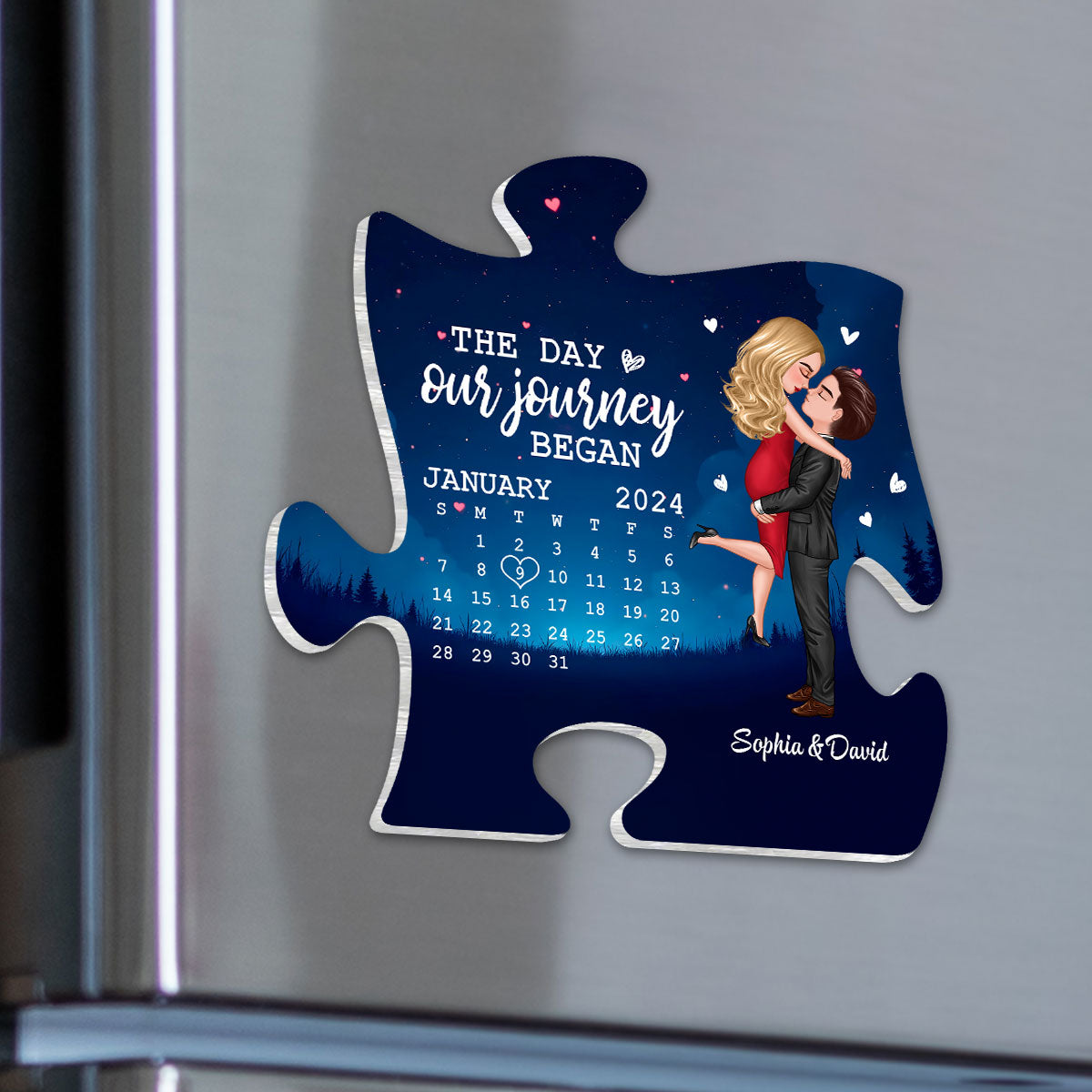 The Day Journey Began Couple Hugging Kissing Anniversary Calendar Keepsake Puzzle Shaped Personalized Acrylic Fridge Magnet