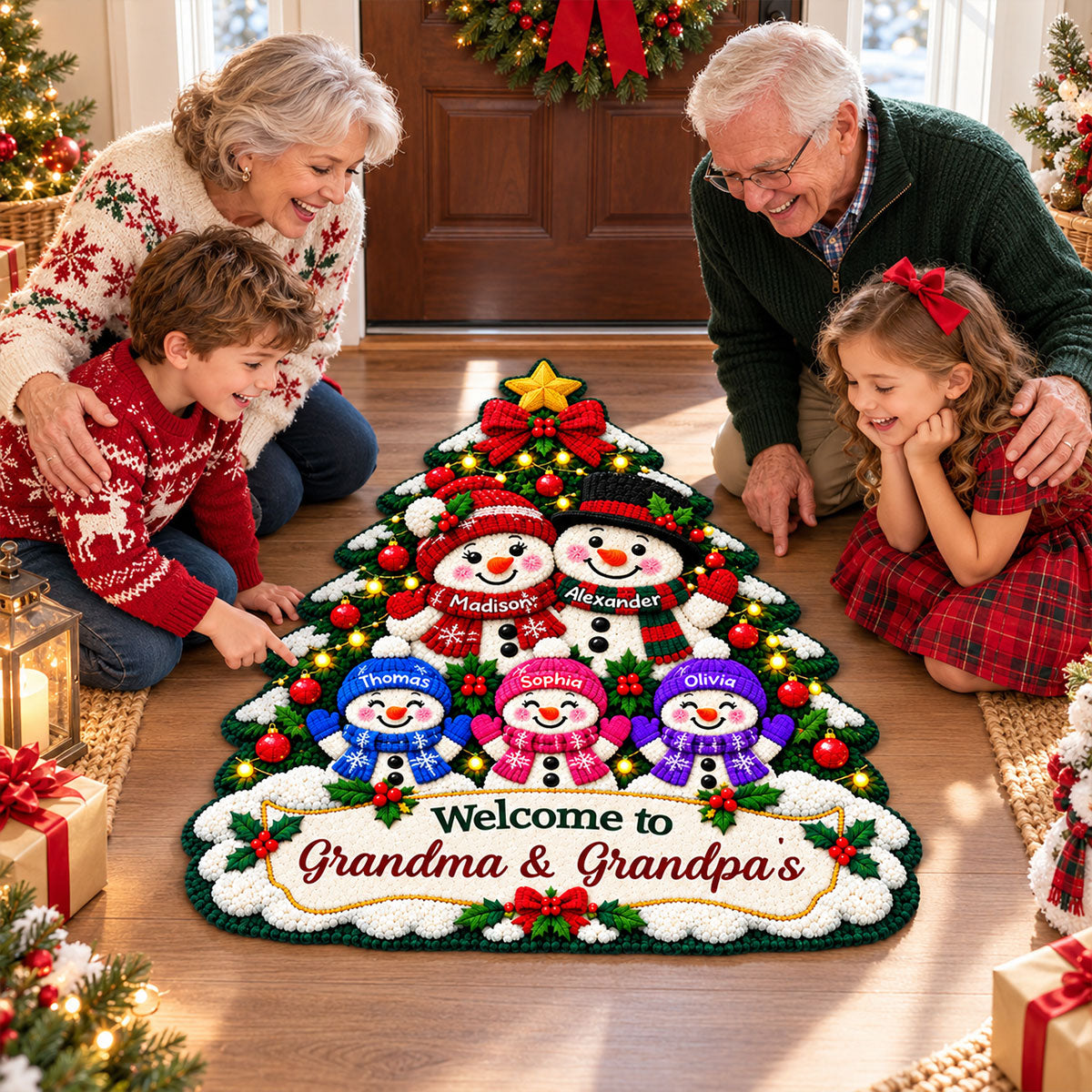 Snowman Grandparents & Grandkids Under Christmas Tree - Personalized Door Mat - Christmas Decor For Grandparents, Family