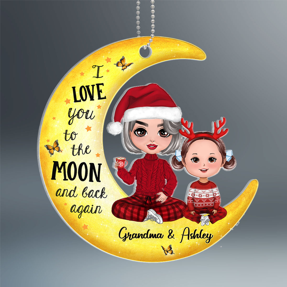 Doll Grandma & Grandkids On Yellow Moon Personalized Custom Shaped Acrylic Ornament