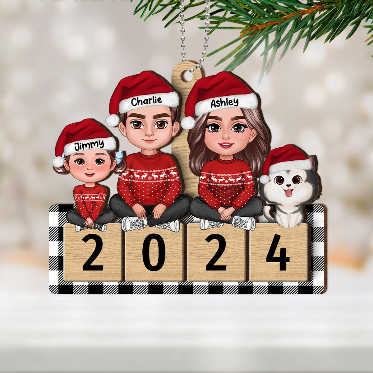 Checkered Pattern Family Sitting On 2024 Puzzle Personalized Wooden Ornament