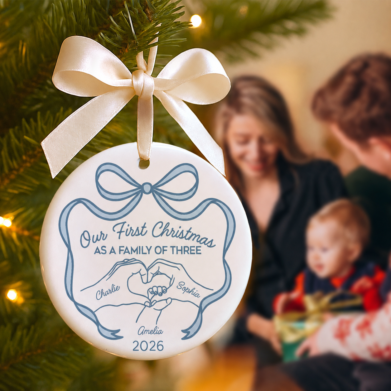 Family Heart Hand First Christmas As Family Of Three Christmas Personalized Ceramic Ornament