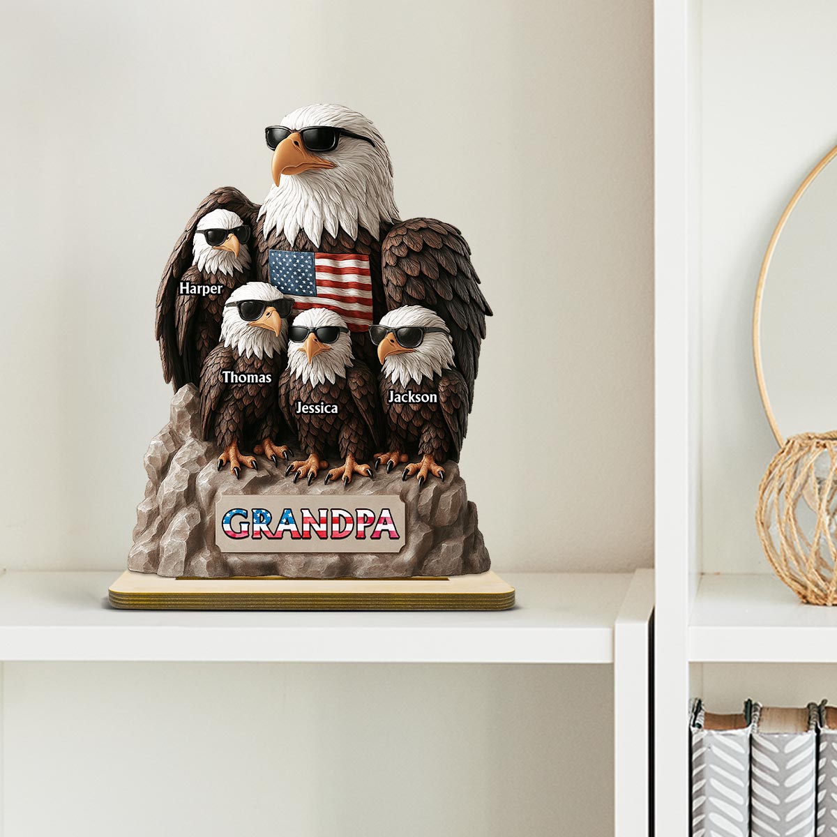 Patriotic Eagle Grandpa Dad & Kids 3D Effect Personalized Standing Wooden Plaque, Gift For Dad Grandpa