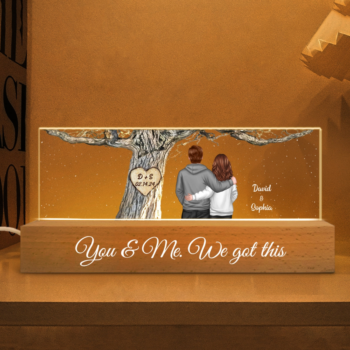 Couple Back View Engraved Tree Personalized Acrylic Block LED Night Light,  Gift, Anniversary Gift for Him for Her
