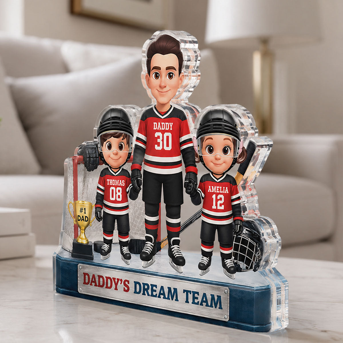 Daddy's Dream Team Hockey Dad & Kids - Personalized Acrylic Block Plaque - Father's Day Gift For Dad, Husband