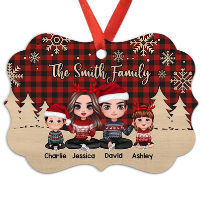 Checkered Pattern Doll Family Sitting Personalized Christmas Ornament