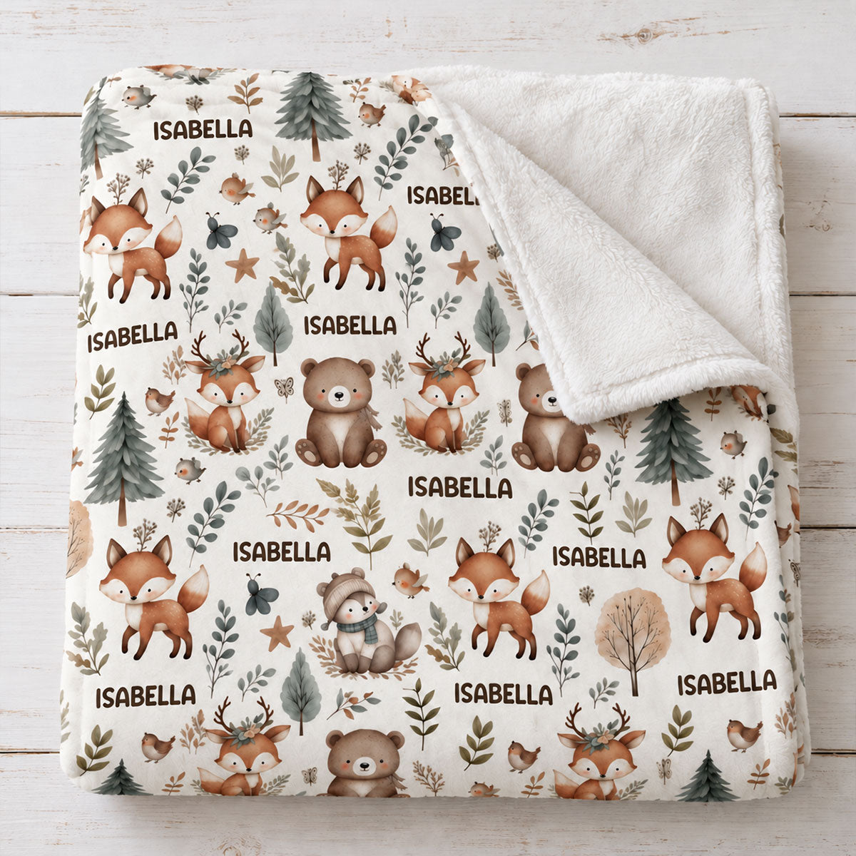Woodland Animal Print Custom Baby Name - Personalized Fleece Blanket - Nursery Woodland Animal Theme For Baby
