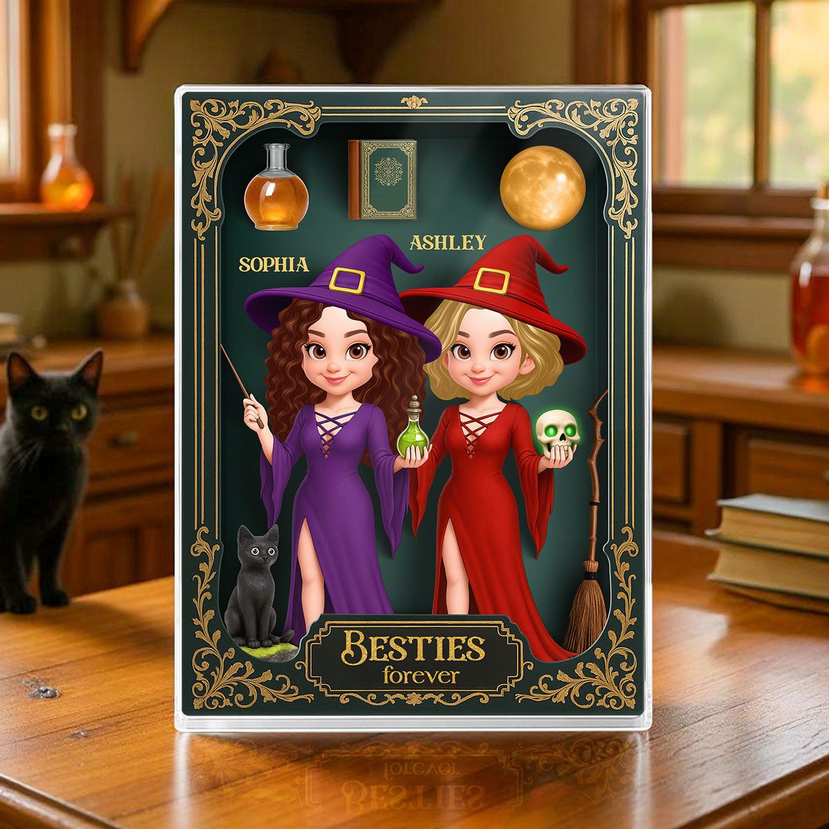 Besties Sisters 3D Effect Witch Action Figure Gothic Style Personalized Acrylic Block