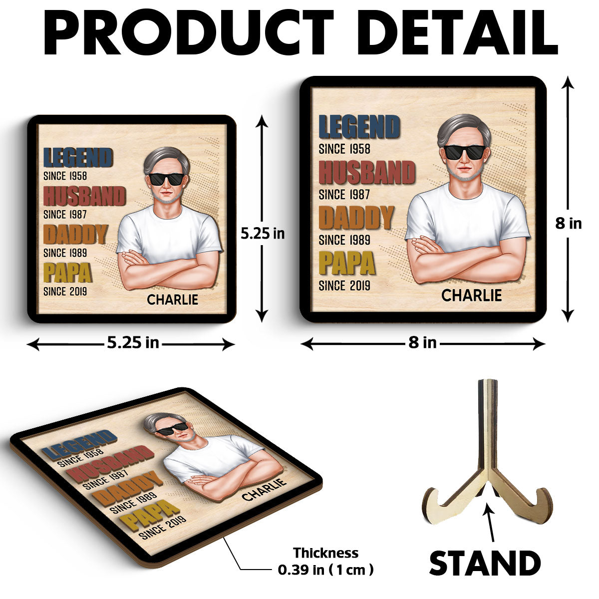 Legend Grandpa Real Man Personalized 2-Layer Wooden Plaque