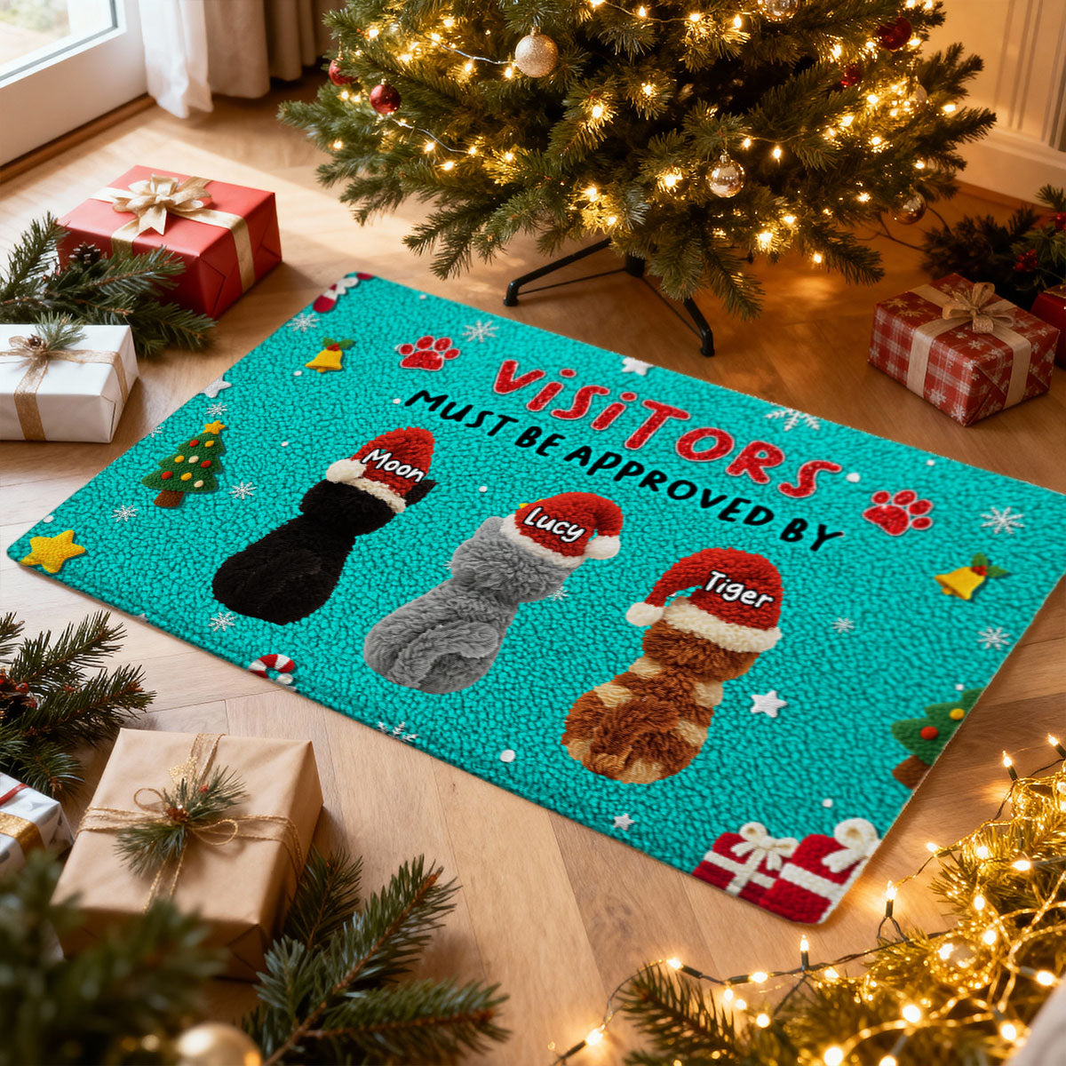 Visitors Must be Approved by Cats - Personalized Doormat - Funny Cats Latch Hook Yarn Faux - Christmas Decor for Pet Lovers