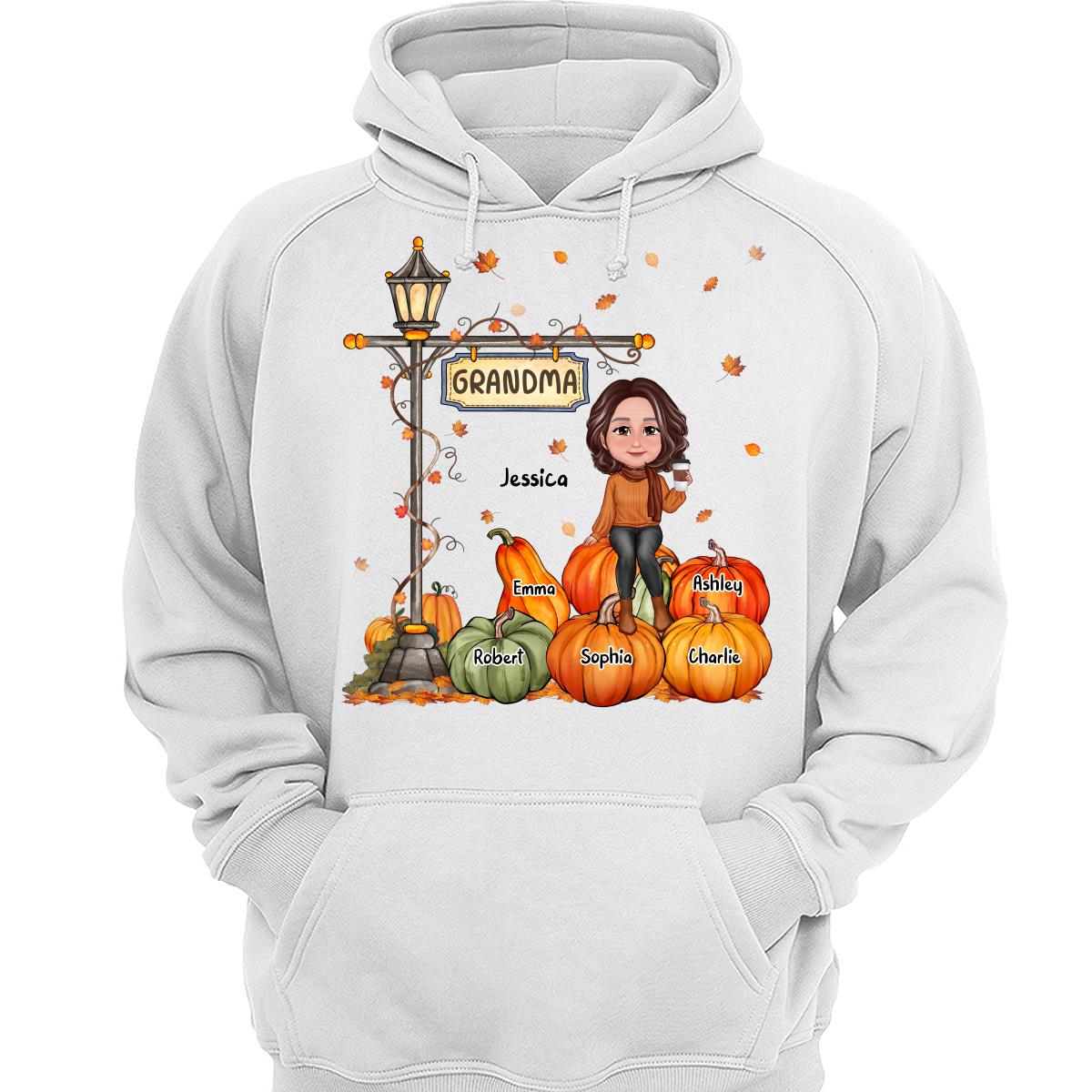 Grandma Mom Sitting On Pumpkin Under Lamp Post Fall Season Personalized Shirt